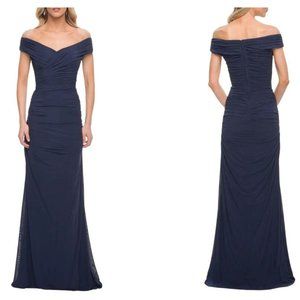LA FEMME Off the Shoulder Trumpet Gown Blue RN103544 Size 10 NWOT Flaws